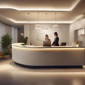 Reception di un hotel con personale al computer e ospiti al check-in