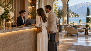 Reception di un hotel con personale al computer e ospiti al check-in