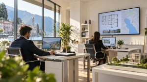 Ufficio di un'agenzia immobiliare con operatori al computer e postazioni di lavoro moderne